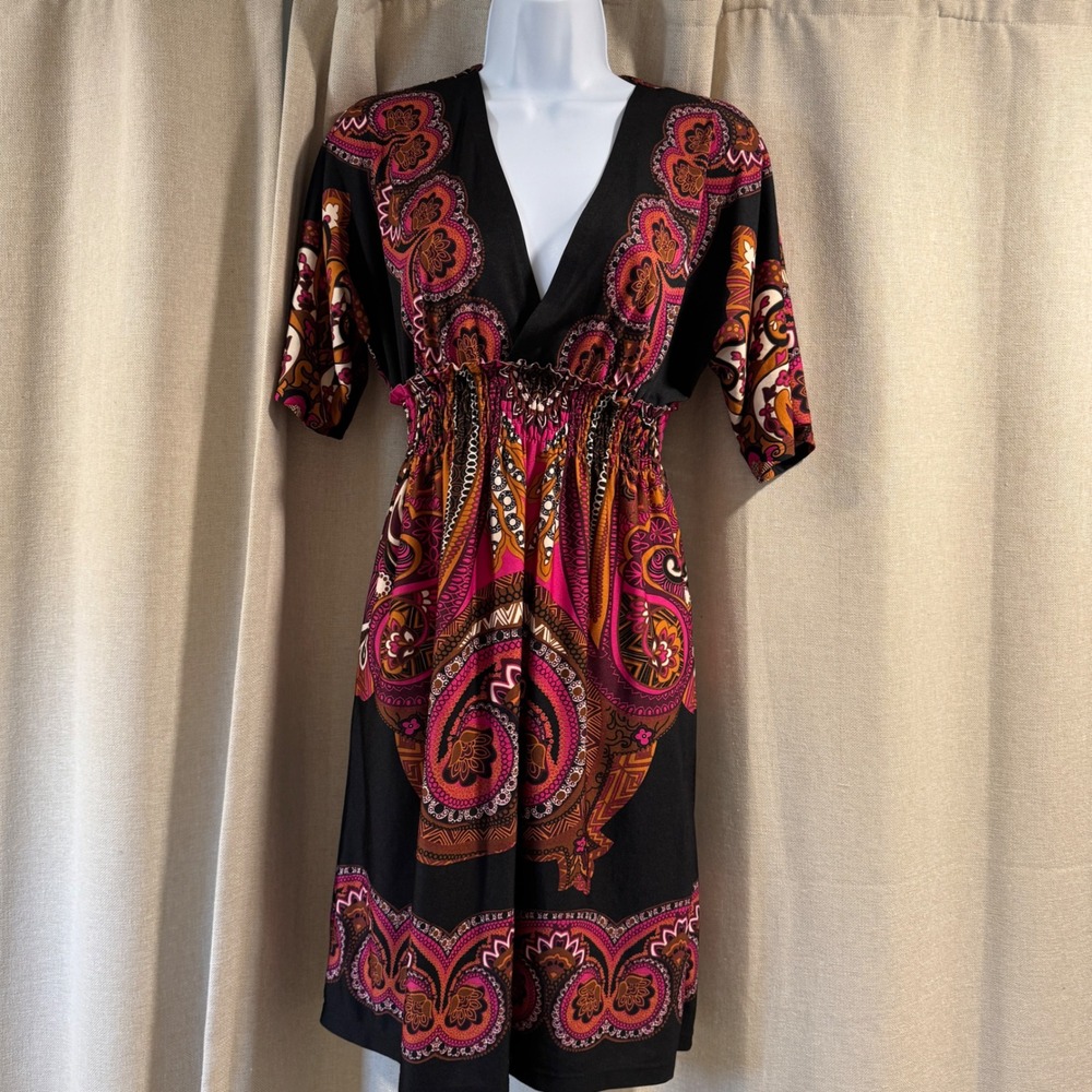 Charlotte Russe Boho Paisley Print Mini Dress Short Sleeve Smocked Waist